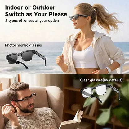 TOOBUR Lightweight Casual Audio Smart Glasses - Open Ear Bluetooth Rechargeable Lens HD Headphones, 8MP Camera, Video Recording, Touch Control, Call Answering, Real-Time Translation, AI Assistant, Photochromic Lenses (Cool Gifts for Adults)